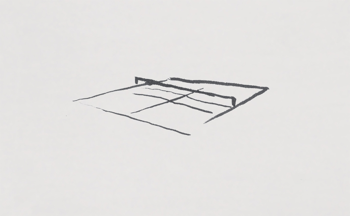 Terrain de tennis stylisé en noir et blanc, dessin d'art fait main, tracé au pinceau et à l'encre de chine sur fond de papier blanc pour Lacoste - Frappa Studio ©2014