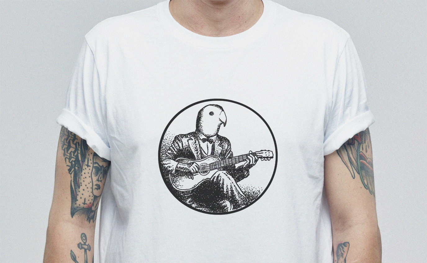 digital chimaeras apparel white guitarist lovebird tee shirt blanc oiseau inseparable design frappa